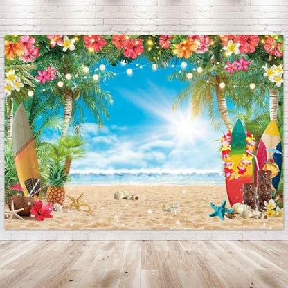 12x8FT Polyester Fabric Summer Beach Hawaiian Backdrop Seaside Tropical Flower Palm Leaves Surfboard Photography Background for Luau Aloha Party Decoration Banner Picture Photo Booth - size: 12'x8'