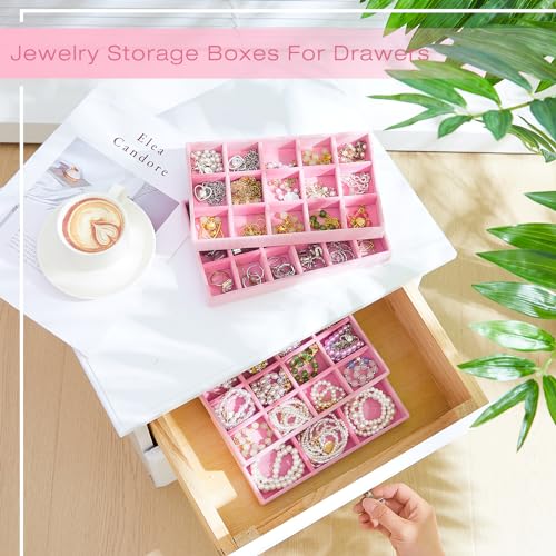 Junkin 12 Pcs Jewelry Tray Velvet Stackable Jewelry Organizer Trays Divided Earring Accessories Storage Containers Box (Rose Red) - color: Pink