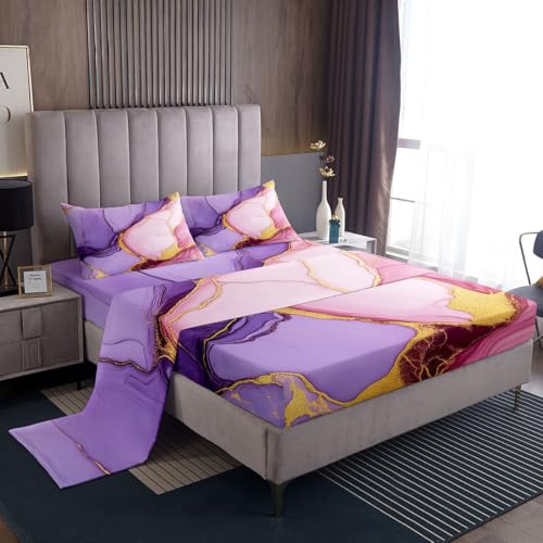 Pink Purple Gold Marble Bed Sheets - Soft Modern Marble Texture Pattern, Queen Size 4-Piece Girly Bedding Sheets & Pillowcases Set (1 Fitted, 1 Top, 2 Pillowcases) - color: Multi 01, size: Queen