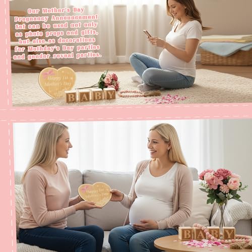 8Pcs Pregnancy Announcement Set for Mother's Day, Baby Reveal Ideas Include Pink Artificial Roses Beads Happy 1st Mother's Day Wooden Sign for Pregnancy Reveal Photo Prop Coming Soon Baby Announcement - color: Pink and White