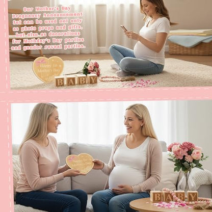 8Pcs Pregnancy Announcement Set for Mother's Day, Baby Reveal Ideas Include Pink Artificial Roses Beads Happy 1st Mother's Day Wooden Sign for Pregnancy Reveal Photo Prop Coming Soon Baby Announcement - color: Pink and White