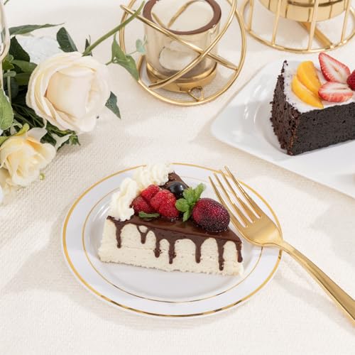 bUCLA 200PCS Gold Plastic Plates - 6.25inch White with Gold Trim Disposable Salad/Dessert/Appetizer/Small Cake Plates, Ideal for Wedding & Party - color: 6.25Inch-200pcs-Gold