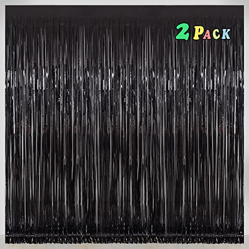Black Tinsel Fringe Backdrop Curtains for Parties, Melsan 3.2 x 8 ft Black Streamer Photo Backdrop for Birthday, Graduations, New Year Eve Party Decor - Pack of 2 - color: Black, size: 3.2 x 8 ft
