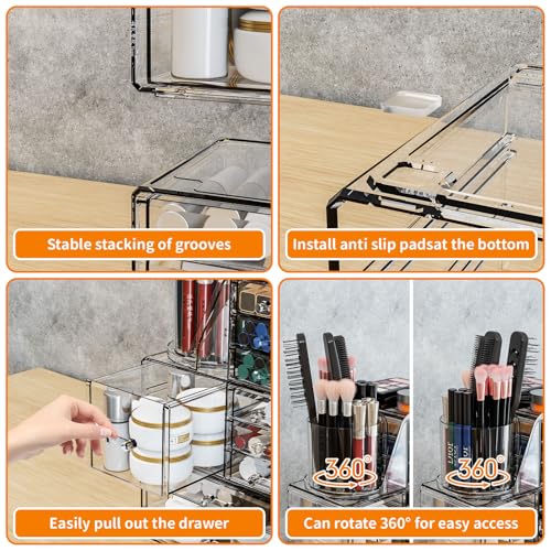 SuoXing 3 Pack Clear Acrylic Makeup Organizer for Vanity With 9 Drawer, Skincare Organizers Countertop With Make up Brush Holder,Bathroom Make up Drawer Storage for Beauty,Hair Accessories Organizer | Cute