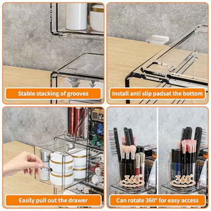 SuoXing 3 Pack Clear Acrylic Makeup Organizer for Vanity With 9 Drawer, Skincare Organizers Countertop With Make up Brush Holder,Bathroom Make up Drawer Storage for Beauty,Hair Accessories Organizer | Cute