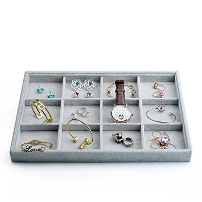 Oirlv Velvet Stackable Jewelry Display Trays 12 Grids Rings Earrings Bracelet Organizer Storage Tray(13.8"x1.29"x9.4") - size: 12 Grid Tray