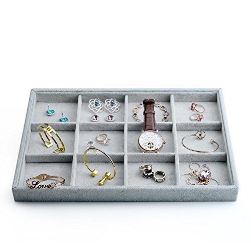 Oirlv Velvet Stackable Jewelry Display Trays 12 Grids Rings Earrings Bracelet Organizer Storage Tray(13.8"x1.29"x9.4") - size: 12 Grid Tray