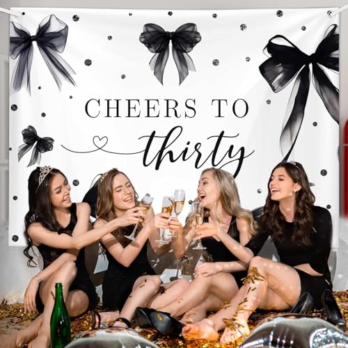 MEHOFOND Coquette 30th Birthday Backdrop for Women Cheers to Thirty Photography Background Black Bow Theme Birthday Party Banner 30 Years Celebration Party Photo Props 6x3.6ft - color: Black, size: 6x3.6ft