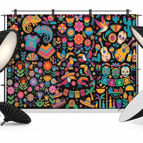 Mexican Texture Backdrop for Photography, Rainbow Guitar Flowers Plant Animal Vintage Photo Backdrop Portrait Background Party Banner Photo Backgrounds for Studio Booth Props, 10x8ft - color: Multi, size: 10x8FT