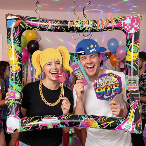 90s Inflatable Photo Frame & Props, 25Pcs Back to The 90s Photo Booth Props with Inflatable Selfie Picture Frame for 1990s Throwback Birthday Party Supplies - color: 90s