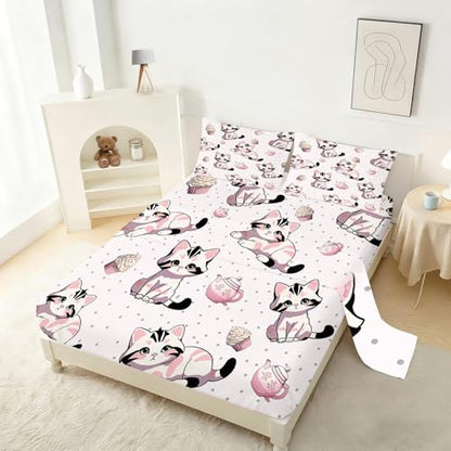 Pink Cat Fitted Sheet Set Queen Size Girls Cute Sheet for Bedroom Kids Soft Microfiber 4-Piece Cartoon Sheet Set 1 Fitted Sheet+1 Flat Sheet+2 Pillowcases Cartoon Bedding Set - color: Pink-cat, size: Queen