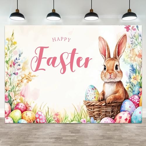 5x3ft Happy Easter Backdrop Easter Bunny Background with Colorful Eggs Floral Spring Banner Spring Party Decoration Bunny and Eggs Backdrop Floral Photo Booth Prop - color: color 18, size: 5x3ft