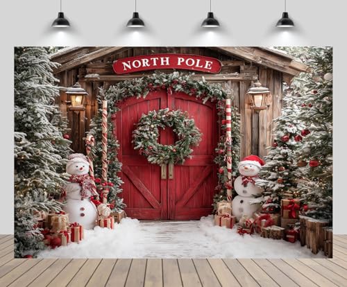 5x5ft Christmas North Pole Backdrop Snowman Christmas Trees Gift Boxes Snowy Pine Forest Red Wooden Door Winter Holiday Background New Year Xmas Eve Party Decor Portrait Photo Booth Props - size: 5x5FT