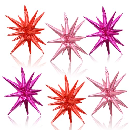 Pink Red Star Balloons, 22 Inch Hot Pink Red Foil Explosion Star Balloons, Large Spike Balloon Stars Cone balloons, for Girls Women Birthday Wedding Anniversary Bridal Shower Party Decorations - color: Red Pink Rose Red
