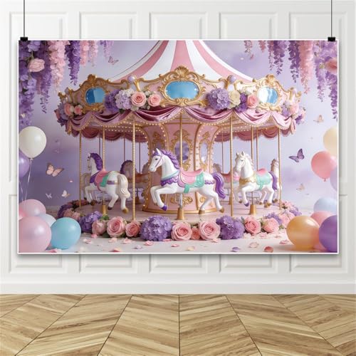 5x3ft Carousel Backdrop Pink Purple Floral Carousel Horses Wisteria Balloons Butterflies Photo Background for Princess Birthday Party Baby Shower Wedding Decor Photo Booth Props Polyester - color: Pink Purple, size: 5x3ft