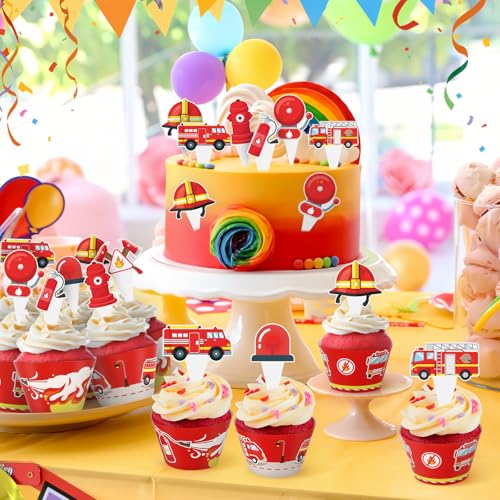 48 Pack Fire Truck Cupcake Toppers and Wrappers, Firefighter Fireman Party Cake Decoration for Firefighting Theme Birthday Party Baby Shower Supplies - style: Fire Truck