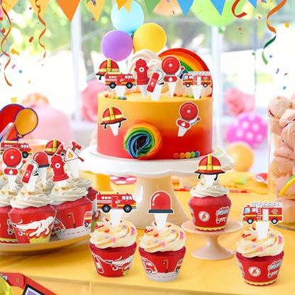 48 Pack Fire Truck Cupcake Toppers and Wrappers, Firefighter Fireman Party Cake Decoration for Firefighting Theme Birthday Party Baby Shower Supplies - style: Fire Truck