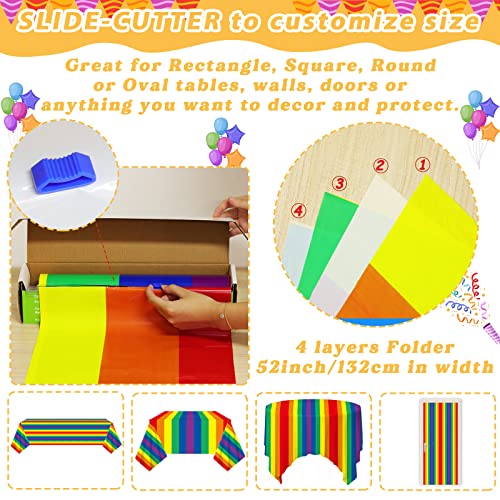 Carnival Pride Rainbow Striped Tablecloth Roll - 52 in x 100 in with Slide Cutter - Plastic Table Cloth Roll - Rainbow Party Table Cover for Indoor and Outdoor Family Parties and Celebrations - color: Rainbow