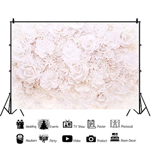 AOFOTO 5x3ft White Flowers Wall Backdrop Elegant Roses Romantic Wedding Decor Bridal Shower Photography Background Baby Girl Artistic Portrait Valentines Mother's Day Photoshoot Studio Props Wallpaper - size: 5x3ft