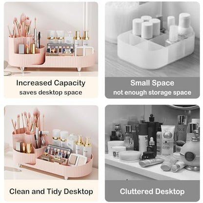 Pink Rotating Vanity Organizer with Brush Holder - Large Spinning Cosmetic Storage, Countertop Makeup & Skincare Organizer, Perfume & Lotions Display Case - color: Pink