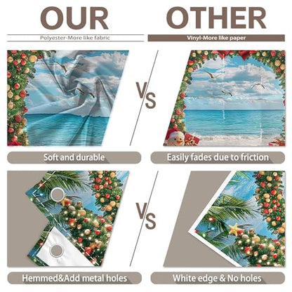 7x5ft Fabric Christmas Beach Backdrop Summer Xmas Tree Snowman Arch Seagull Tropical Hawaiian Photography Background Family Holiday Party Decor Photo Props - size: 7'x5'
