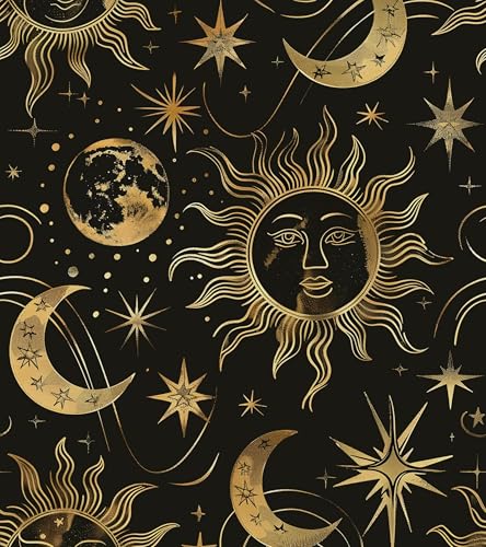 Laatse Black Peel and Stick Removable Vintage Wallpaper Gold Celestial Sun Moon Star Contact Paper 17.5" x 118" Dark Boho Mural Waterproof for Wall Bedroom Kitchen Bathroom Cabinet Room Decor - color: Gold moon, size: 17.5" x 118"