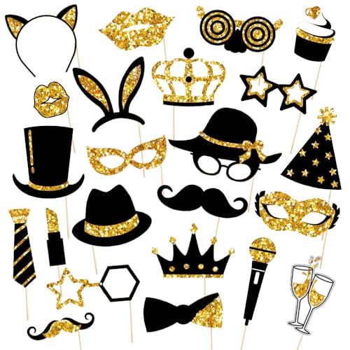 Black and Gold Party Photo Booth Props,24 Pieces Photobooth Picture Pose Sign Kit for Birthday Wedding Party Memorable Photos