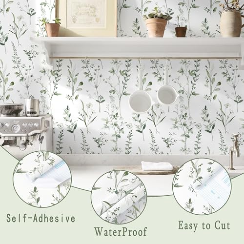 Peel and Stick Wallpaper Green Leaves Wall Paper White Boho Contact Paper 17.3"×78.7" Left Self-Adhesive Removable for Bedroom Leaf Waterproof Shelf Liner Decal Vinyl Roll - color: Green, size: 17.3" x 78.7"