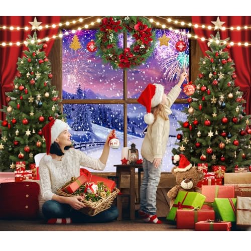 Christmas Backdrop - 10x8ft Winter Snowy Window Merry Christmas Photo Backdrop with Xmas Tree, Gifts, Eve Background, Festival Party Decorations Banner Props - color: NSW13498