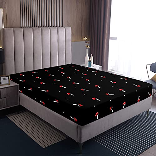 Cute Mushroom Bed Sheets Queen Size, Kid Cartoon Kawaii Sheet Set, Types of Mushrooms Bedding Set, Farmhouse Botanical Fitted Sheet Cute Wild Species Natural Plants Flat Sheet For Room Decor, Black - color: Multi 80, size: Queen