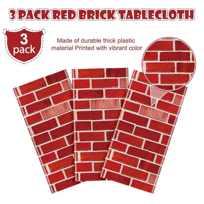 3 Pack 108x54 inch Red Brick Tablecloth,Brick Wrapping Wallpaper Backdrop Disposable Plastic Rectangular Table Covers Background for School Home Birthday Holiday Halloween Christmas Decorations