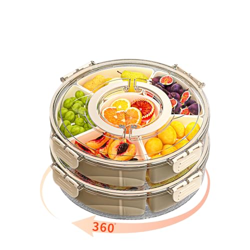 Small Divided Serving Tray with Lid and Handle, Stackable Snackle Box Container for Fruits Candy Organizer, Portable Spinning Rounded Veggie Tray for Kitchen, Party, Trave and Picnic-2 Pack - color: 10.5" L-2pcs (White)