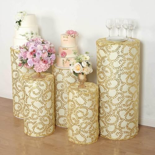 Efavormart Set of 5 Gold Sequin Mesh Cylinder Display Box Stand Covers with Leaf Vine Embroidery, Sparkly Sheer Tulle Pedestal Pillar Prop Covers - color: Gold, size: Sequin Mesh Cylinder Covers - Leaf Pattern