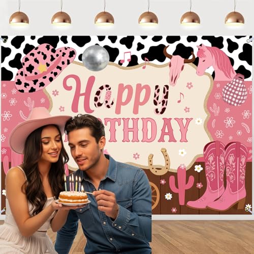 Cowgirl Backdrop Cowgirl Birthday Party Decorations Western Themed Backdrop Pink Wild West Rustic Birthday Baby Shower Photography Background Banner for Girls Women Photo Booth Props 7x5ft Polyester