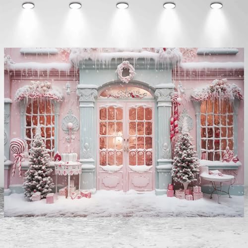 12x8ft Pink Christmas Backdrop Snow Scene Xmas Trees Candy Cane Photography Background Merry Christmas Party Banner Decorations Women Girls Portraits Photo Studio Props - size: 12x8ft