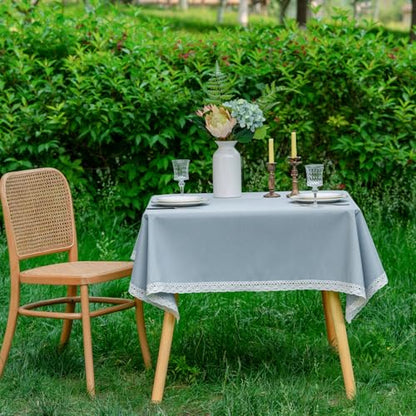 EHouseHome Faux Linen Tablecloth with Lace Trim - Waterproof/Spill Proof/Stain Resistant/Wrinkle Free/Oil Proof - for Banquet, Parties,Dinner,Kitchen,Wedding,Holiday,Blue Fog,Square 52X52Inch - color: Blue Fog, size: 52" x 52" (Square)