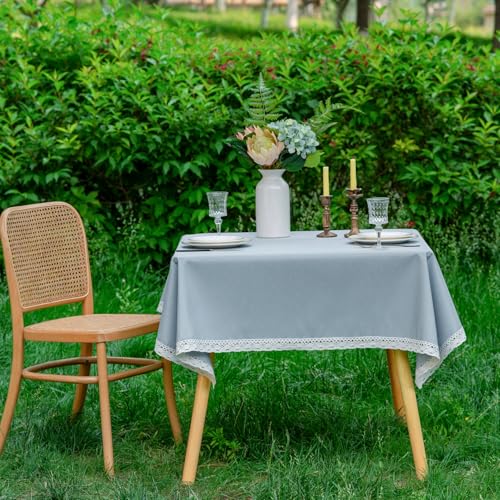 EHouseHome Faux Linen Tablecloth with Lace Trim - Waterproof/Spill Proof/Stain Resistant/Wrinkle Free/Oil Proof - for Banquet, Parties,Dinner,Kitchen,Wedding,Holiday,Blue Fog,Square 70X70Inch - color: Blue Fog, size: 70" x 70" (Square)