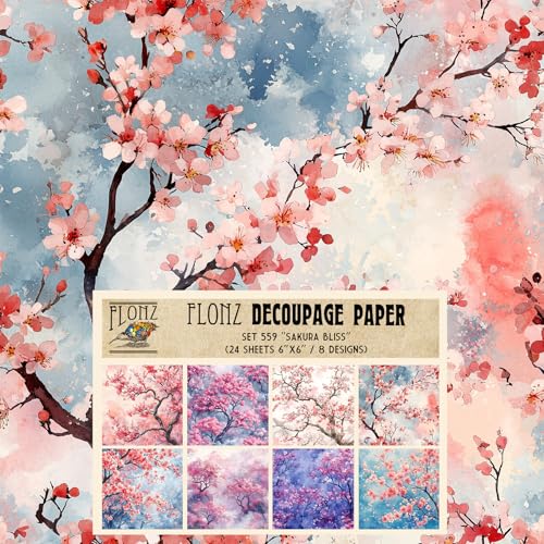 Decoupage Paper Pack (24 Sheets 6"x6") Sakura Bliss: Delicate Cherry Blossoms in Pastel Shades for Elegant Craft Designs # Vintage Styled Paper for Craft and Scrapbooking - color: FortyEight