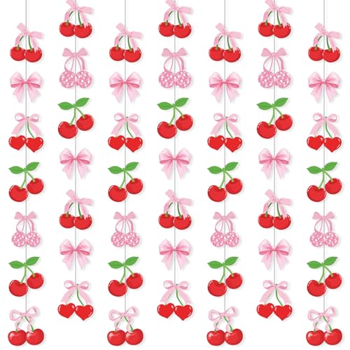 Xinnun Cherry Party Decorations Pink Bow Hanging Banners Garland Cherry Baby Shower Decorations Cutouts Ribbon Streamers for Berry Birthday Bridal Engagement Bachelorette Wedding Party Decor - style: Cherry