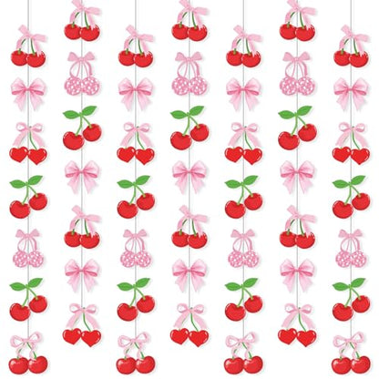 Xinnun Cherry Party Decorations Pink Bow Hanging Banners Garland Cherry Baby Shower Decorations Cutouts Ribbon Streamers for Berry Birthday Bridal Engagement Bachelorette Wedding Party Decor - style: Cherry