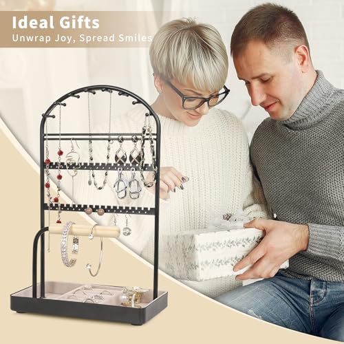 Saydear Multi-Functional Jewelry Holder Organizer Necklace Display Stand Velvet Lined Bar for Rings 2 Tier with 18 Hooks, 32 Earring Holes - Sturdy and Durable, Easy Organization Black - color: Black V1.0