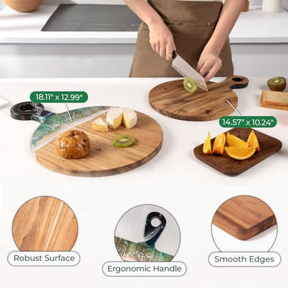 Acacia Wood Serving Board with Ocean Resin Art, 18.1" x 13" Charcuterie Cheese Tray for Display & Prep, Cutting Board on Back, Includes Stand & Loofah, Christmas Housewarming Gift (Round) - color: Round Cutting Board, size: 18.1" x 13" x 0.7"