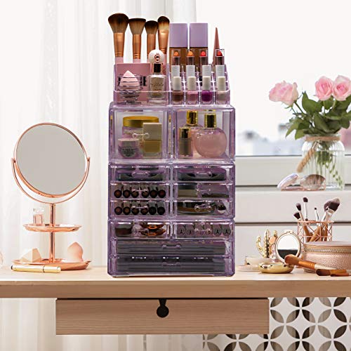 Sorbus Large Makeup Organizer - Clear Stackable Jewelry & Makeup Organizer For Vanity, Bathroom Storage, Dresser - 12 Drawers Cosmetic Beauty Organizers and Storage with Lipstick, Makeup Brush Holder - color: Purple