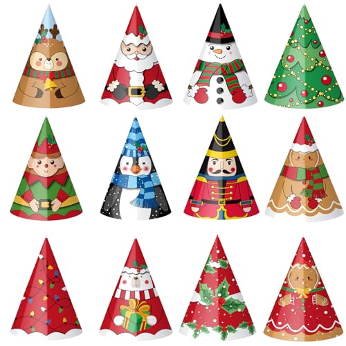 24 Pcs Christmas Party Hats Paper Xmas Tree Reindeer Santa Snowman Elf Cone Hat Christmas Photo Props Party Favors - style: Classic Style