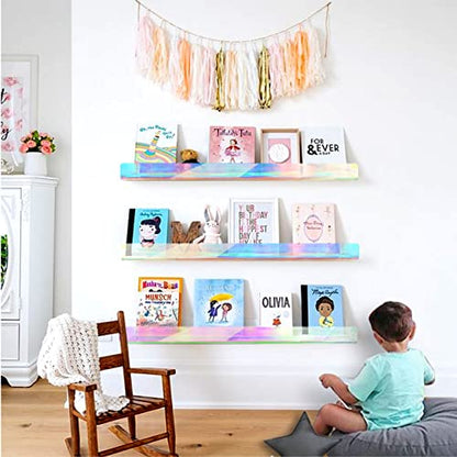 24 inches Iridescent Acrylic Bookshelf for Kids, Wall Mounted Kids Display Book Shelves for Room Nursery Toddler Classroom (2 Packs) - color: 24in-iridescent