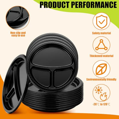 Umigy 100 Pcs 10 Inch 3 Compartments Divided Plastic Plates Bulk Colorful Disposable Heavy Duty Round Dinnerware for Valentine Wedding Birthday Party (Black) - color: Black