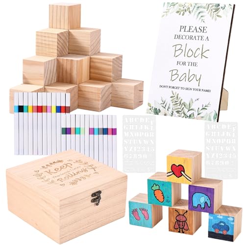 78 Pcs Baby Shower Blocks Game Kit with 50 Blank Wooden Blocks for Guests to Decorate, 24 Acrylic Markers & Guide Sign and Wooden Box for Baby Shower Activities Gender Reveal Party Decorations - color: Wood-A
