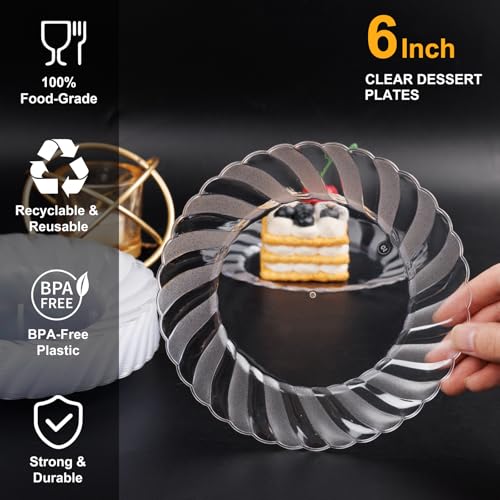 U-QE 100 Pieces Clear Plastic Plates-6 Inch Plastic Dessert Plates Disposable - Washable & Reusable - Premium Hard Clear Plates Fancy Disposable Heavy Duty Plastic Plates for Party,Weddings and Events - color: 6Inch-100pcs-Clear