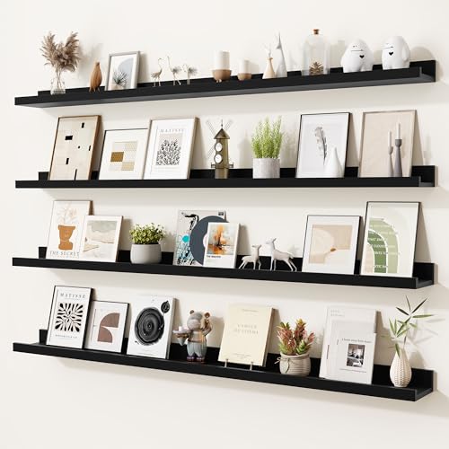 Heimlove Picture Ledge Shelf,48 inch Long Floating Shelves for Wall Set of 4,Black Picture Shelf with Lip for Wall Decor,Living Room,Bedroom,Bookshelf,Nursery,Perfume - color: Black, size: 48'', Set of 4