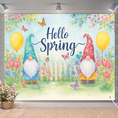 BlissYard Hello Spring Backdrop Cute Gnome Garden Scene Colorful Flowers Butterfly Fence Photo Booth Background Spring Party Home Decoration 8x6ft for Birthday Celebration Classroom Event Display - color: Hello Spring Backdrop#08